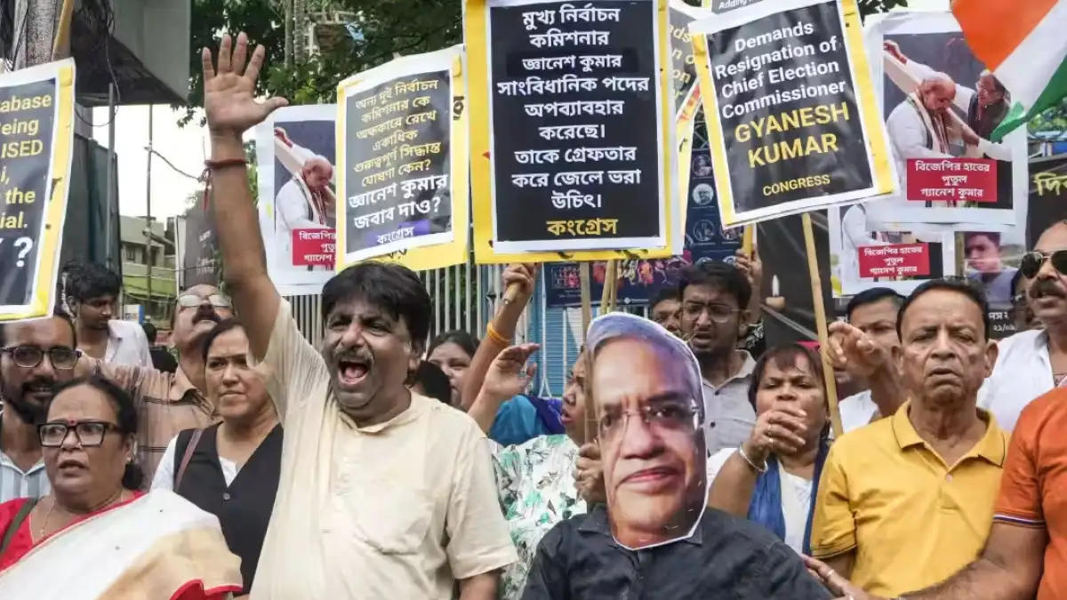Protesters holding signs during a demonstration