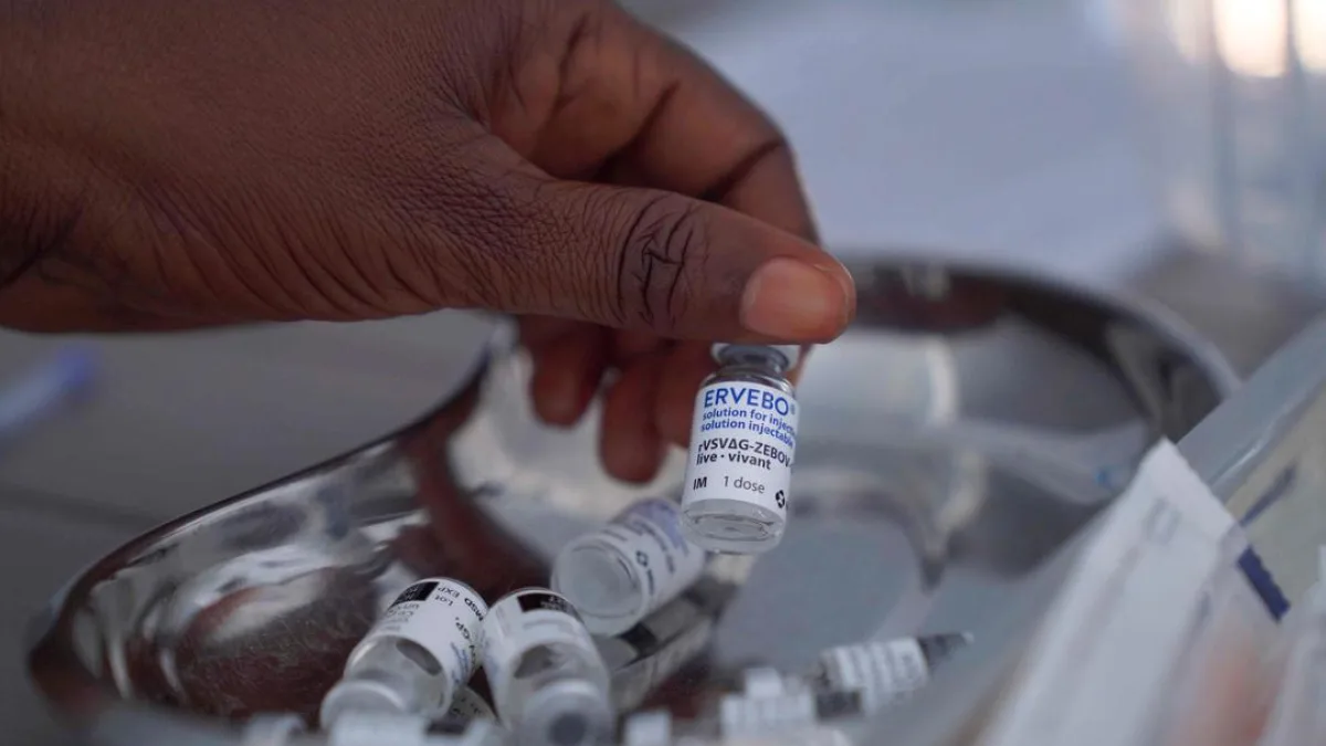 Health workers in protective gear during an Ebola outbreak
