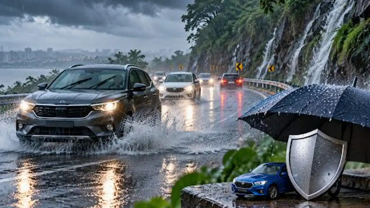 Car driving through a flooded street