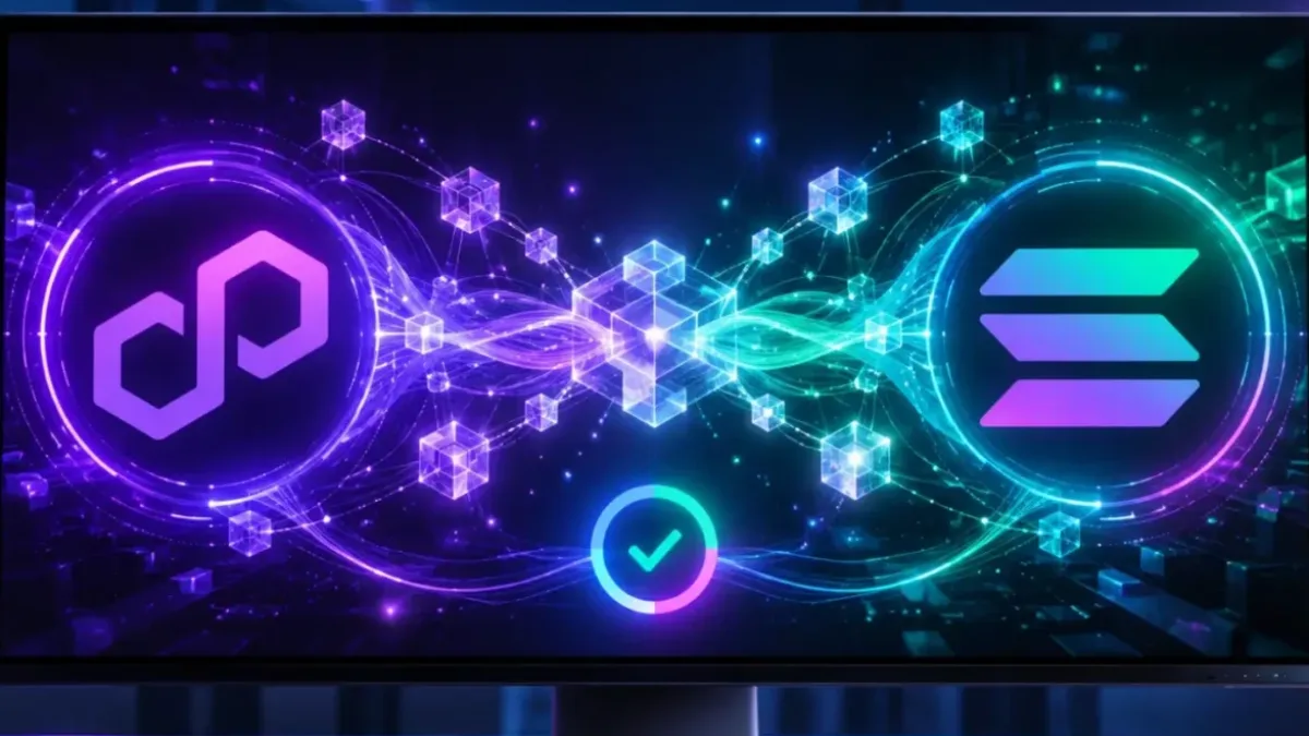 Businessman looking at a computer screen with a Solana blockchain interface