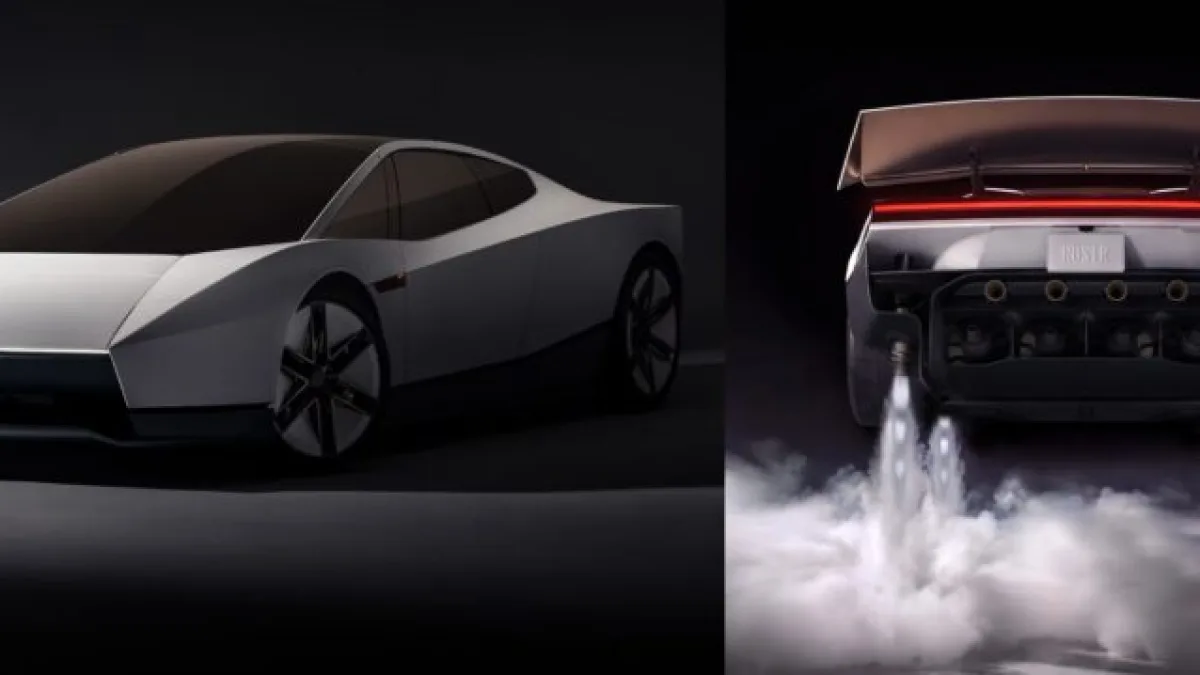 A sleek, futuristic car with razor-sharp body lines and a massive rear wing