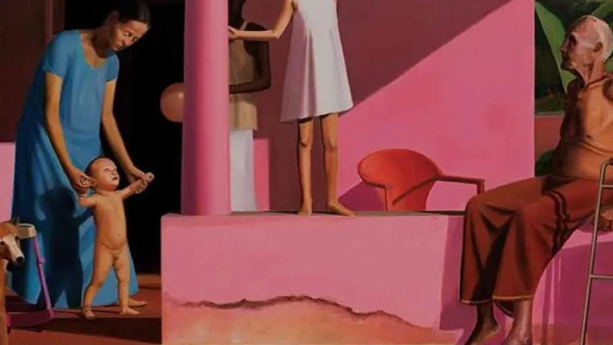 Artist standing in front of a painting