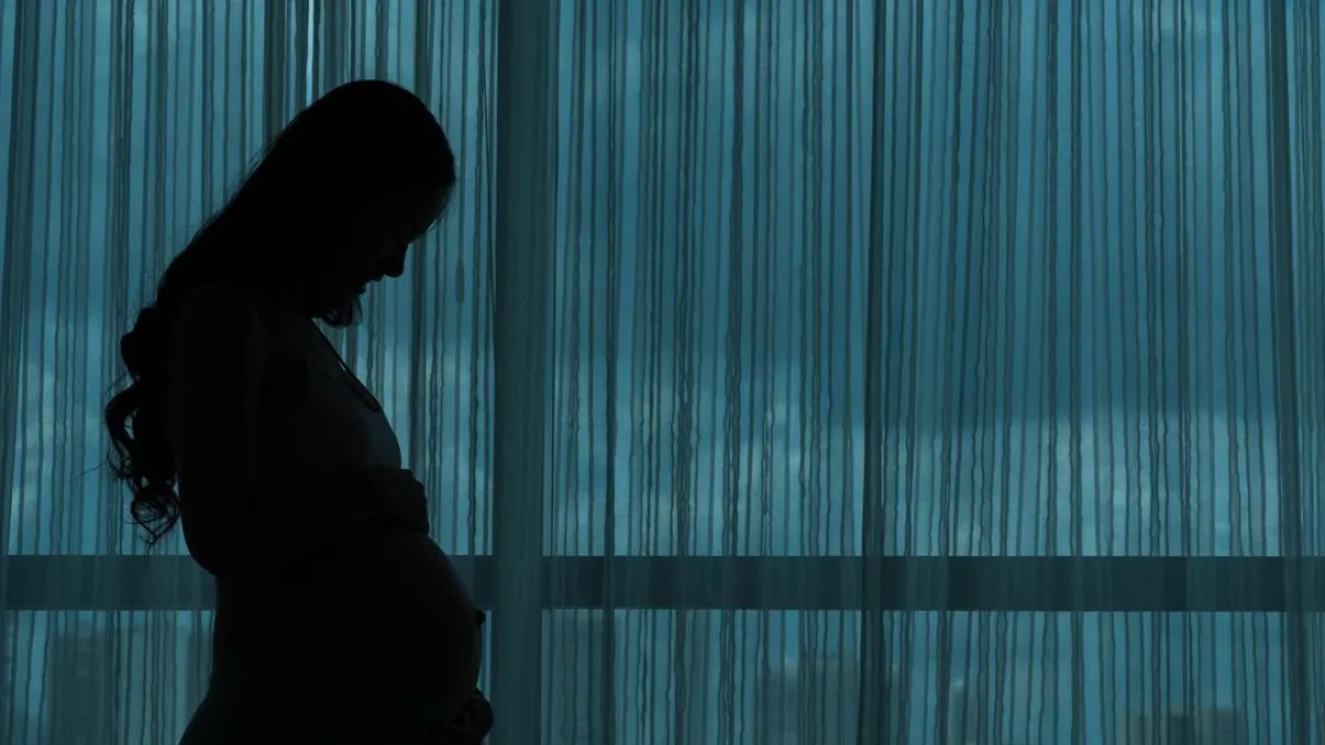 Pregnant woman sitting on a couch with a therapist