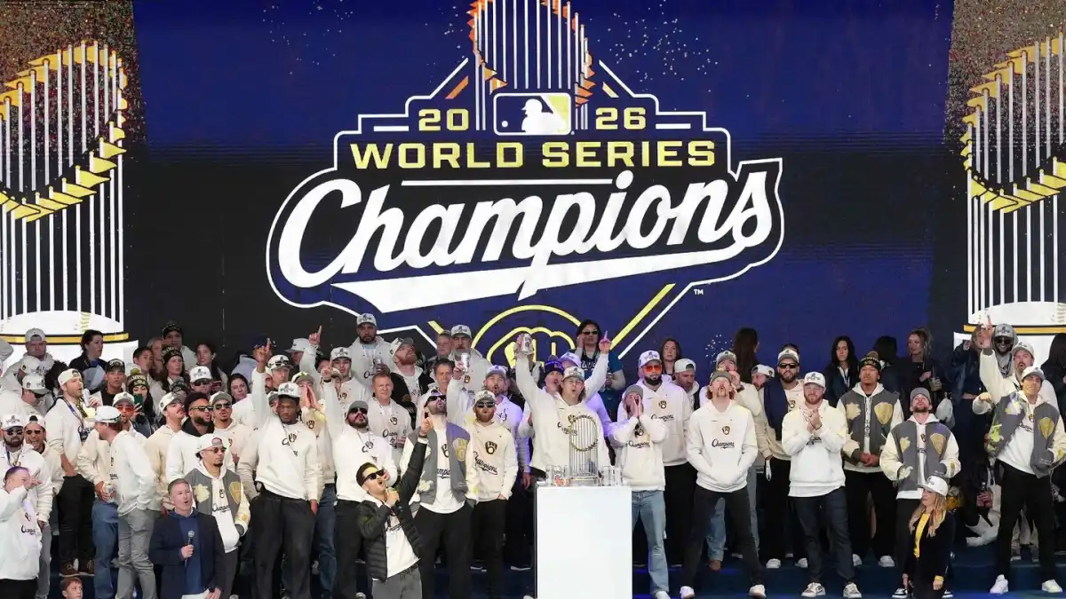 Baseball players celebrating on the field